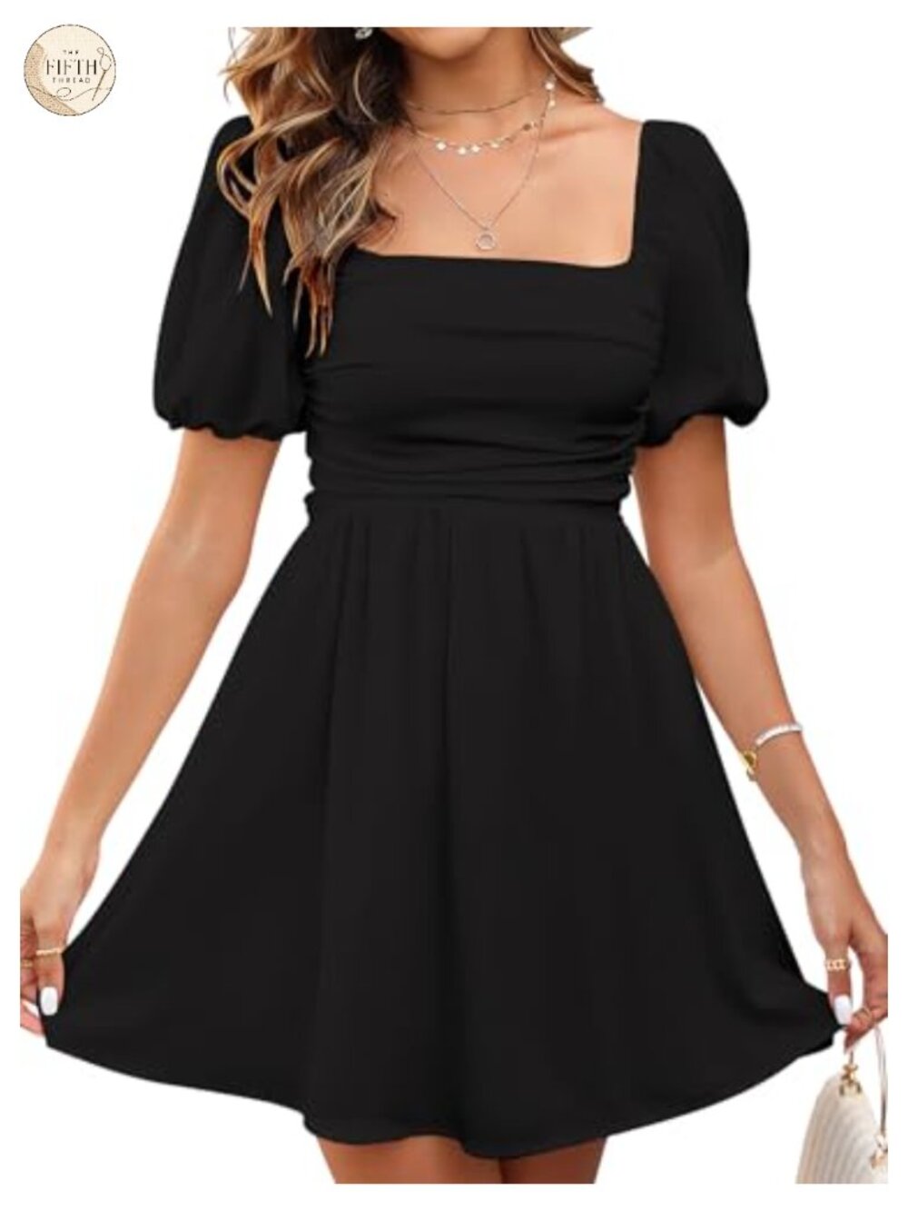 Women Puff Sleeve Graduation Mini Dress Square Neck A-Line